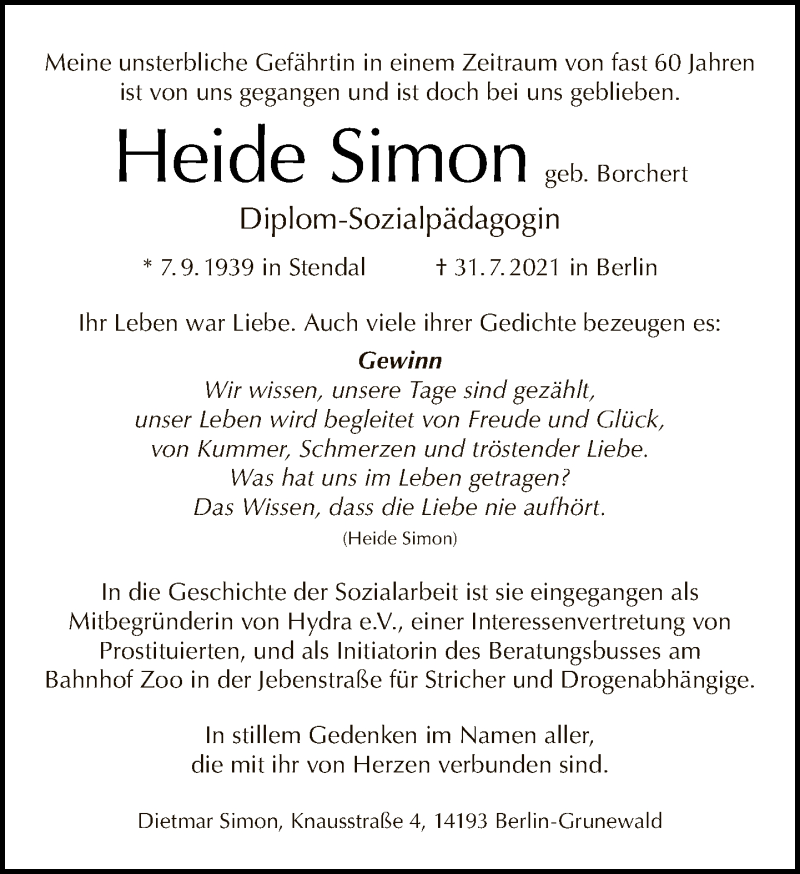  Traueranzeige für Heide Simon vom 08.08.2021 aus Tagesspiegel