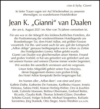 Traueranzeige von Jean K. van Daalen von Tagesspiegel