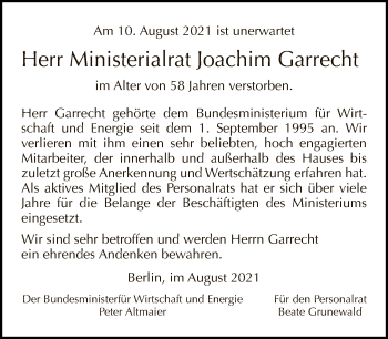 Traueranzeige von Joachim Garrecht von Tagesspiegel