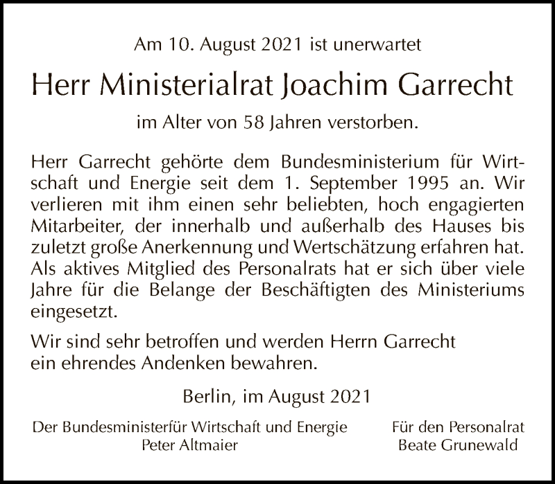  Traueranzeige für Joachim Garrecht vom 22.08.2021 aus Tagesspiegel