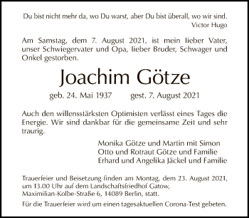 Traueranzeige von Joachim Götze von Tagesspiegel