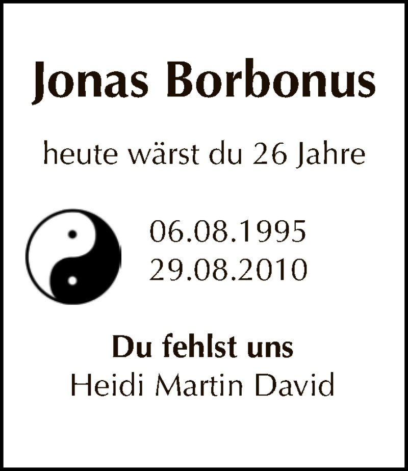  Traueranzeige für Jonas Borbonus vom 06.08.2021 aus Tagesspiegel