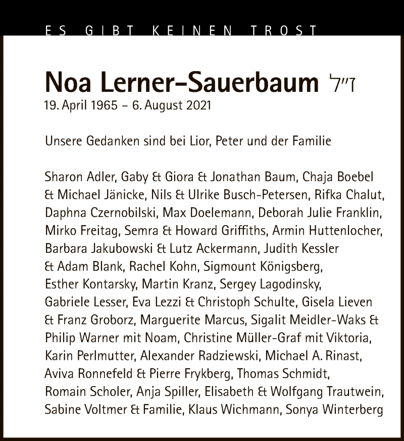  Traueranzeige für Noa Lerner-Sauerbaum vom 10.08.2021 aus Tagesspiegel
