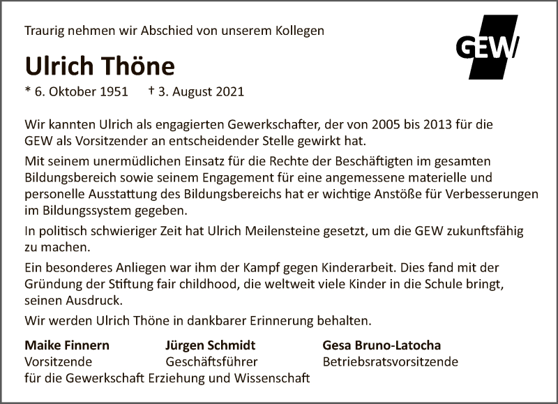 Traueranzeige für Ulrich Thöne vom 08.08.2021 aus Tagesspiegel