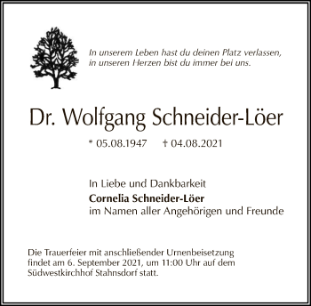 Traueranzeige von Wolfgang Schneider-Löer von Tagesspiegel