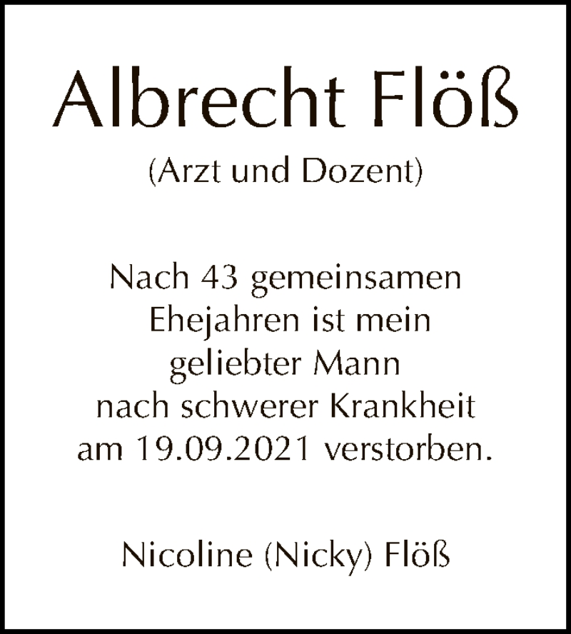  Traueranzeige für Albrecht Flöß vom 26.09.2021 aus Tagesspiegel