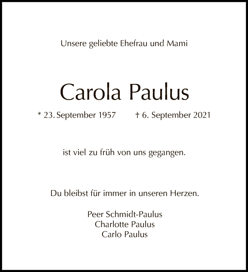  Traueranzeige für Carola Paulus vom 12.09.2021 aus Tagesspiegel