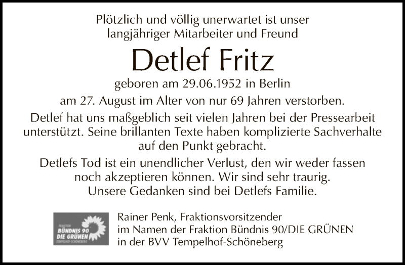  Traueranzeige für Detlef Fritz vom 05.09.2021 aus Tagesspiegel