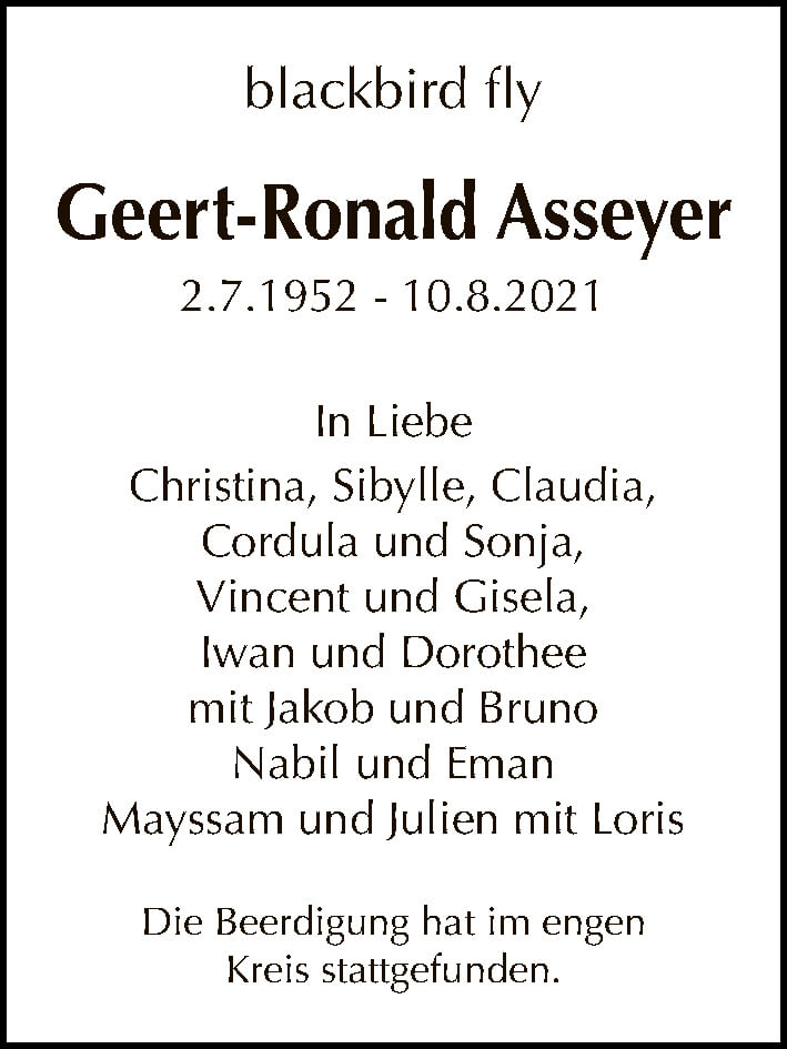  Traueranzeige für Geert-Ronald Asseyer vom 19.09.2021 aus Tagesspiegel