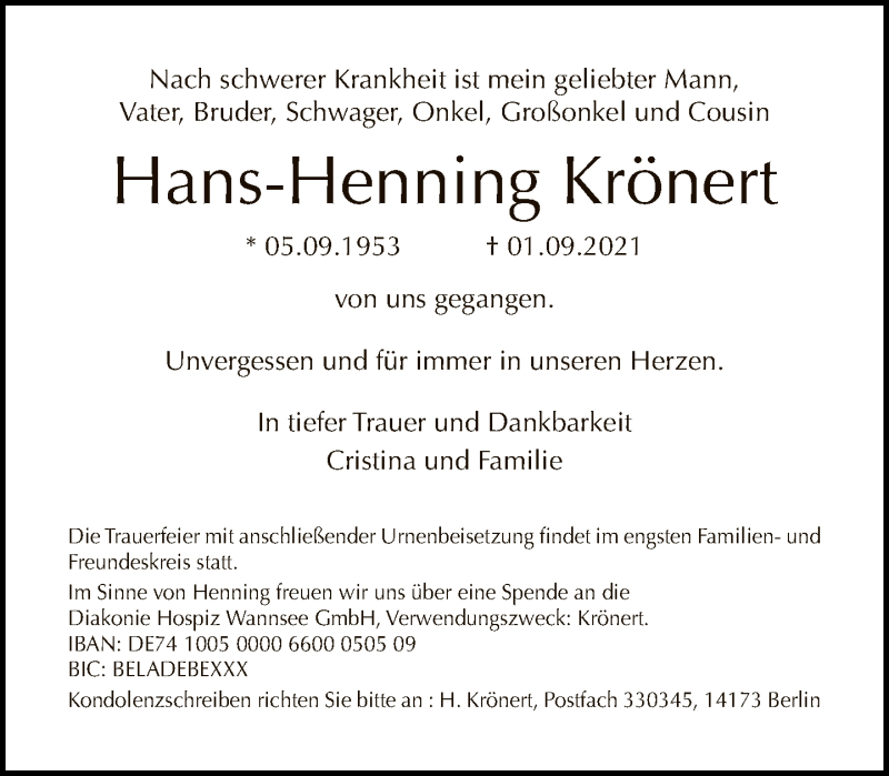  Traueranzeige für Hans-Henning Krönert vom 12.09.2021 aus Tagesspiegel