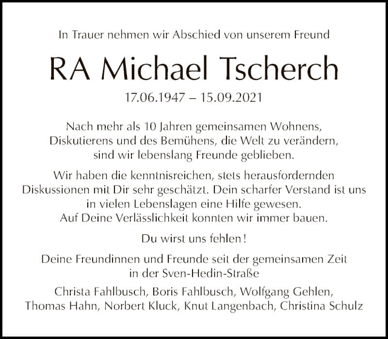  Traueranzeige für Michael Tscherch vom 19.09.2021 aus Tagesspiegel