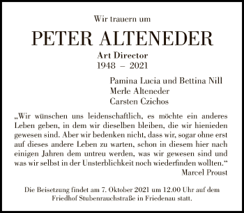 Traueranzeige von Peter Alteneder von Tagesspiegel