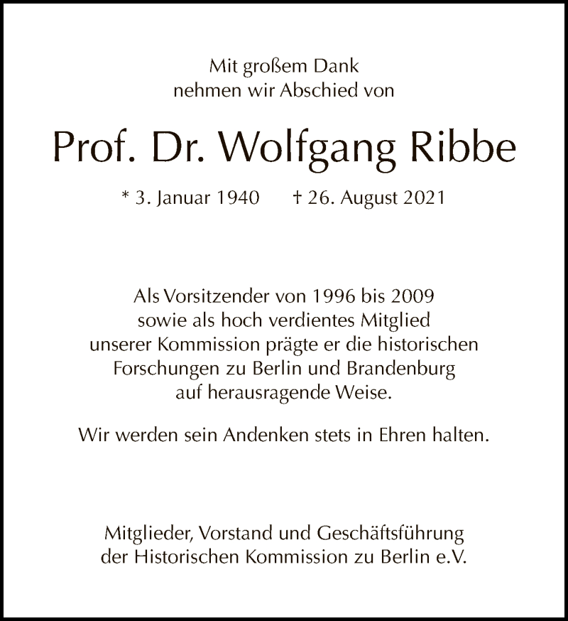  Traueranzeige für Wolfgang Ribbe vom 26.09.2021 aus Tagesspiegel