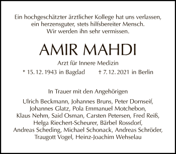 Traueranzeige von Amir Mahdi von Tagesspiegel