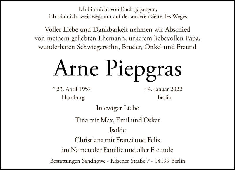  Traueranzeige für Arne Piepgras vom 09.01.2022 aus Tagesspiegel