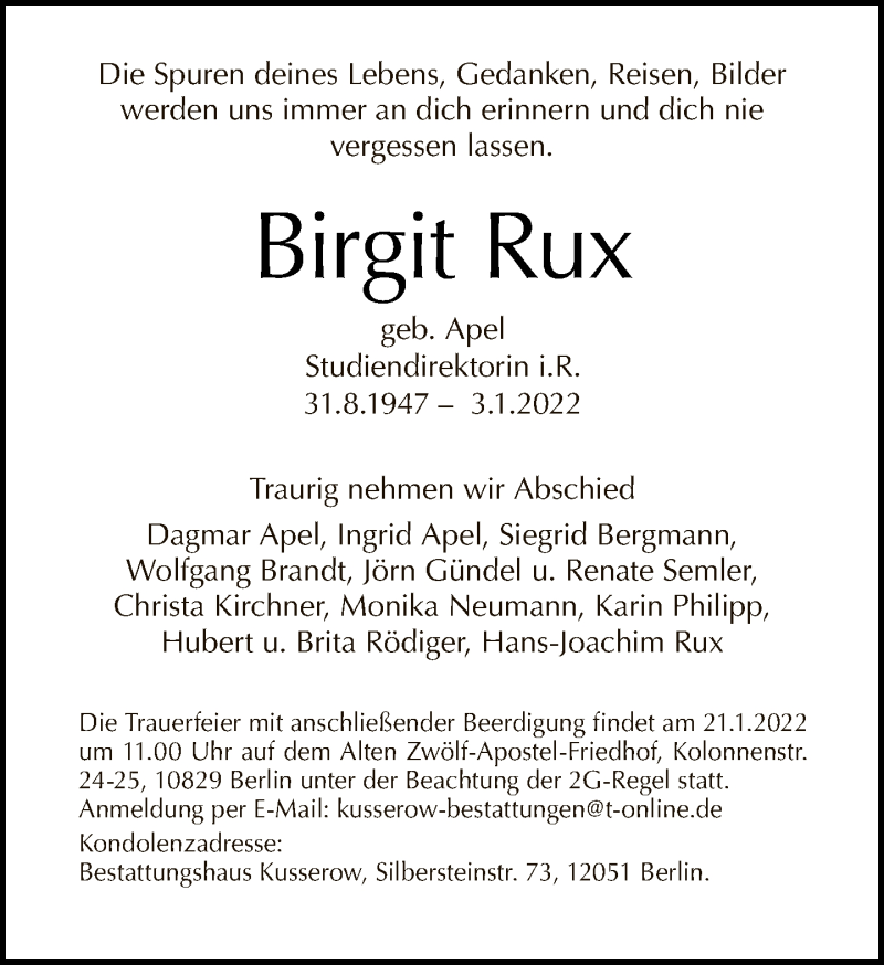  Traueranzeige für Birgit Rux vom 16.01.2022 aus Tagesspiegel