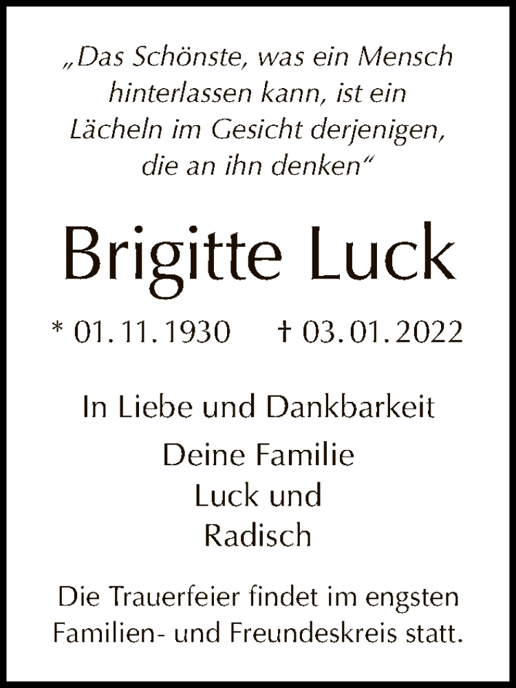  Traueranzeige für Brigitte Luck vom 09.01.2022 aus Tagesspiegel