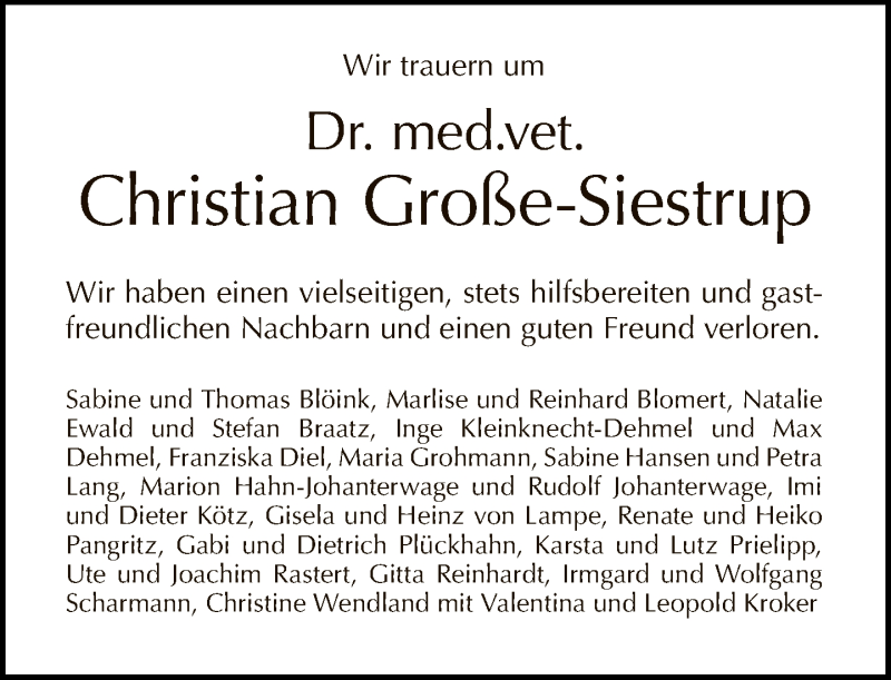  Traueranzeige für Christian Große-Siestrup vom 16.01.2022 aus Tagesspiegel