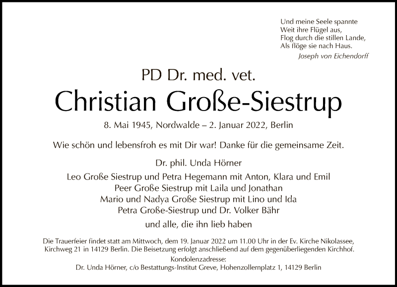  Traueranzeige für Christian Große-Siestrup vom 09.01.2022 aus Tagesspiegel