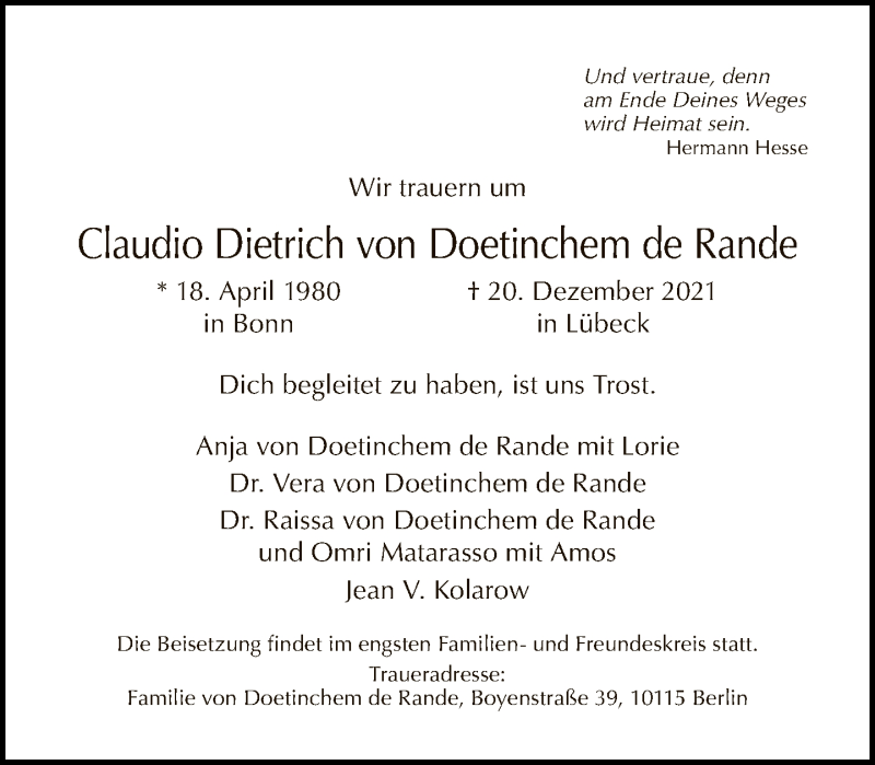  Traueranzeige für Claudio Dietrich von Doetinchem de Rande vom 30.01.2022 aus Tagesspiegel
