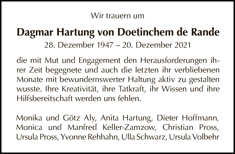  Traueranzeige für Dagmar Hartung von Doetinchem de Rande vom 16.01.2022 aus Tagesspiegel