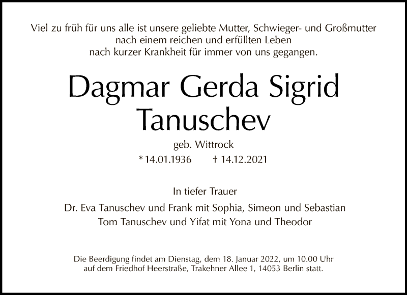  Traueranzeige für Dagmar Gerda Sigrid Tanuschev vom 09.01.2022 aus Tagesspiegel