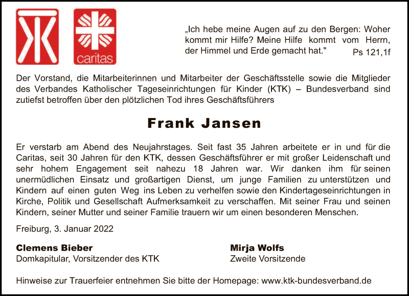 Traueranzeige für Frank Jansen vom 12.01.2022 aus Tagesspiegel