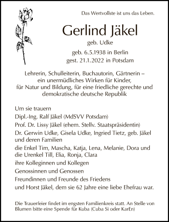 Traueranzeige von Gerlind  Jäkel von Tagesspiegel