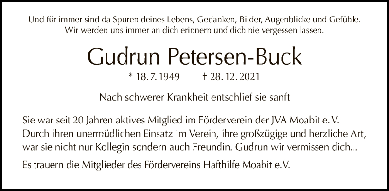  Traueranzeige für Gudrun Petersen-Buck vom 09.01.2022 aus Tagesspiegel