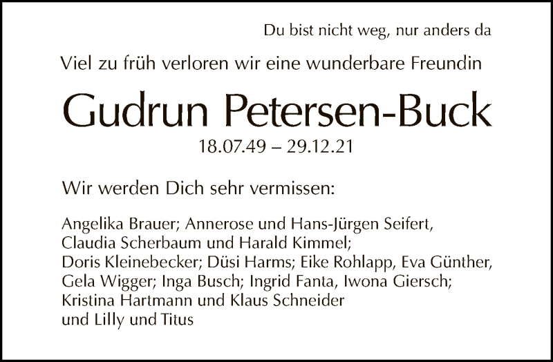  Traueranzeige für Gudrun Petersen-Buck vom 09.01.2022 aus Tagesspiegel