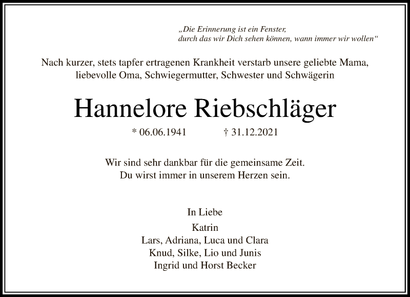  Traueranzeige für Hannelore Riebschläger vom 09.01.2022 aus Tagesspiegel