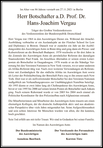 Traueranzeige von Hans-Joachim Vergau von Tagesspiegel