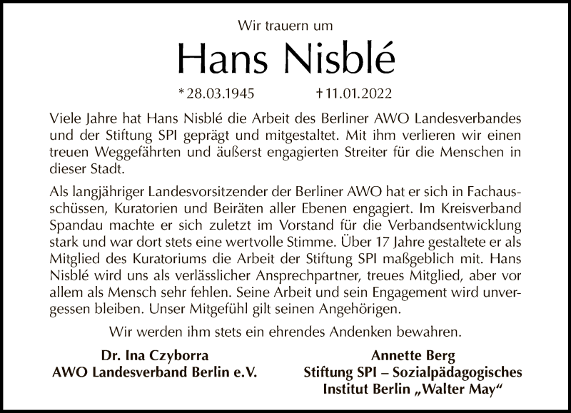  Traueranzeige für Hans Nisble vom 23.01.2022 aus Tagesspiegel