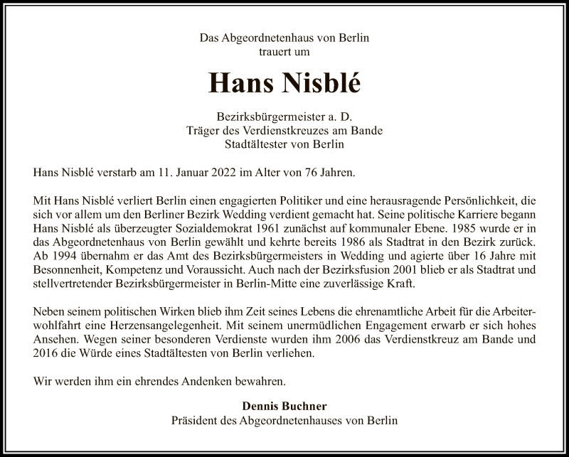  Traueranzeige für Hans Nisble vom 23.01.2022 aus Tagesspiegel
