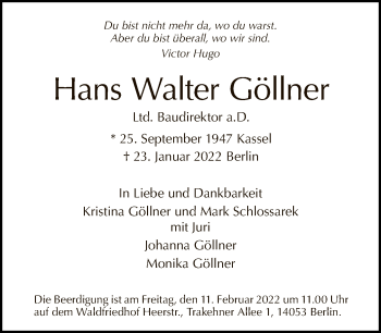 Traueranzeige von Hans Walter Göllner von Tagesspiegel