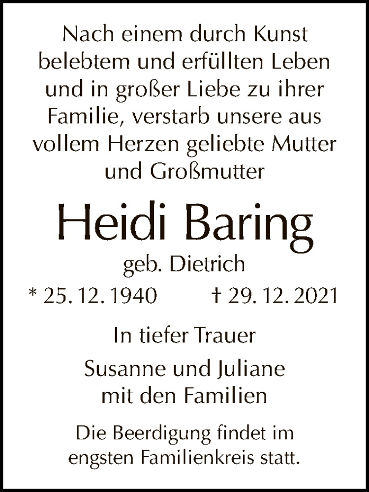  Traueranzeige für Heidi Baring vom 09.01.2022 aus Tagesspiegel