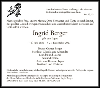 Traueranzeige von Ingrid Berger von Tagesspiegel