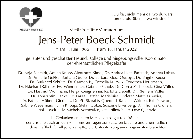  Traueranzeige für Jens-Peter Boeck-Schmidt vom 23.01.2022 aus Tagesspiegel