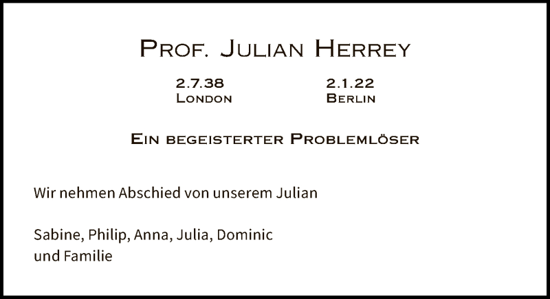  Traueranzeige für Julian Herrey vom 09.01.2022 aus Tagesspiegel