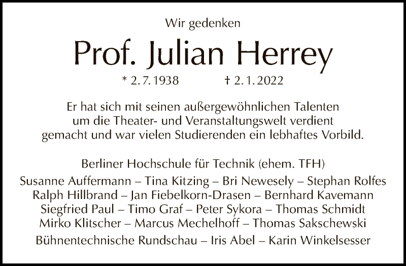  Traueranzeige für Julian Herrey vom 16.01.2022 aus Tagesspiegel