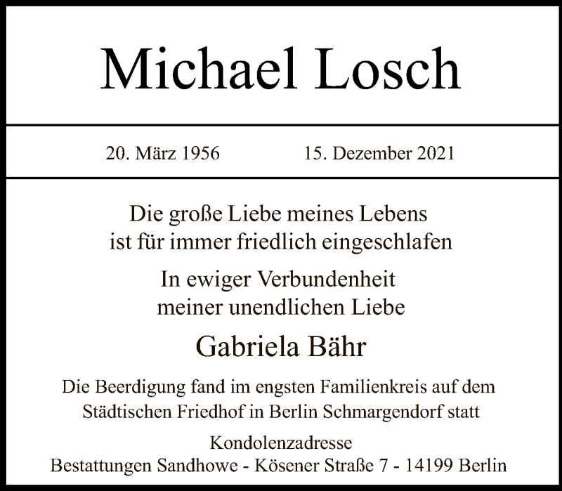  Traueranzeige für Michael Losch vom 09.01.2022 aus Tagesspiegel