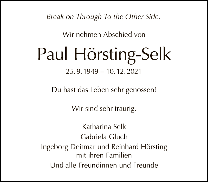  Traueranzeige für Paul Hörsting-Selk vom 09.01.2022 aus Tagesspiegel