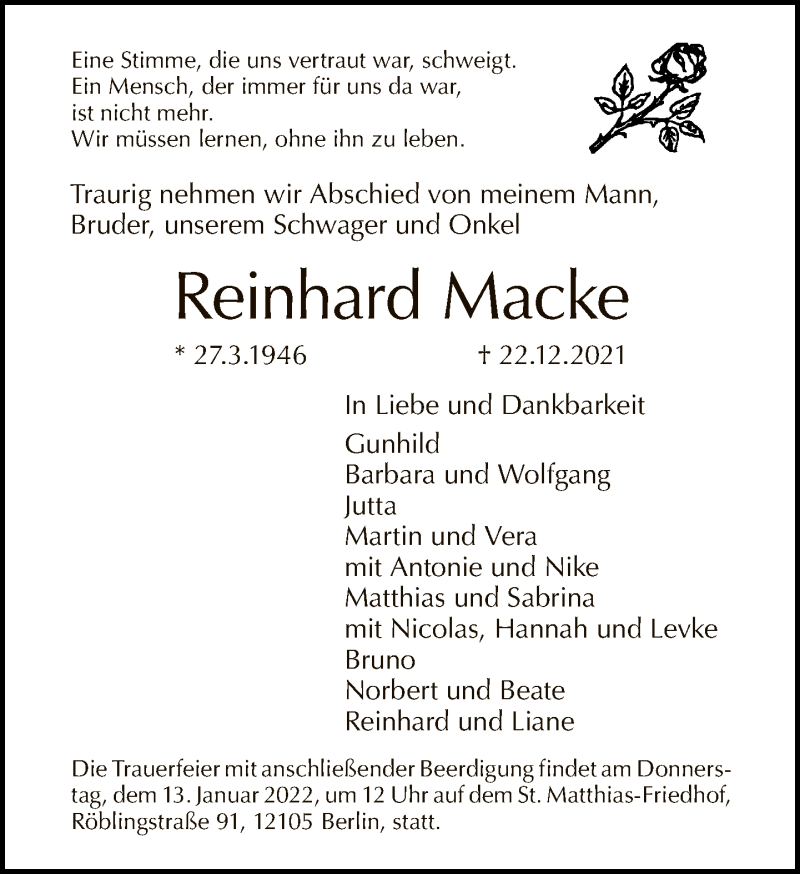  Traueranzeige für Reinhard Macke vom 09.01.2022 aus Tagesspiegel