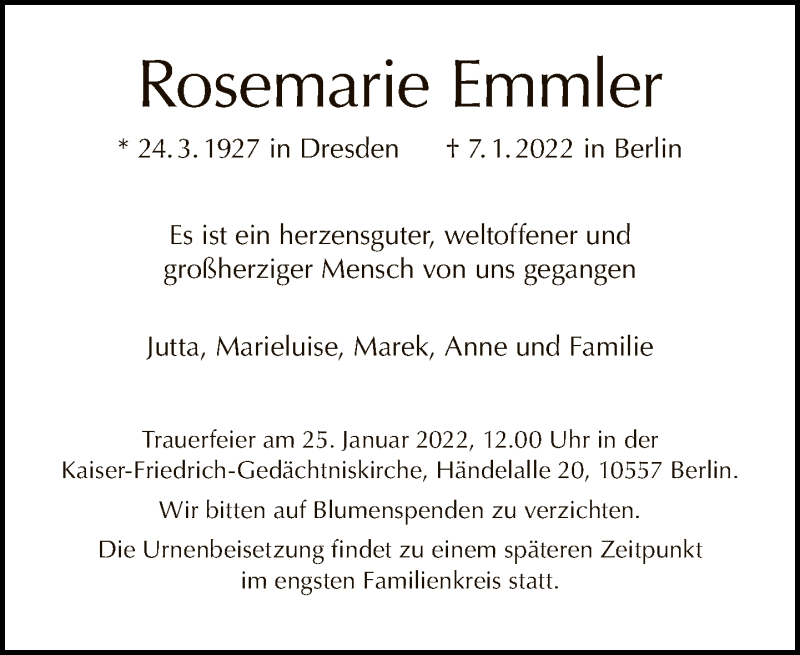  Traueranzeige für Rosemarie Emmler vom 16.01.2022 aus Tagesspiegel