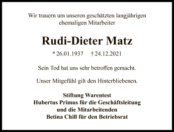 Traueranzeige von Rudi-Dieter Matz von Tagesspiegel