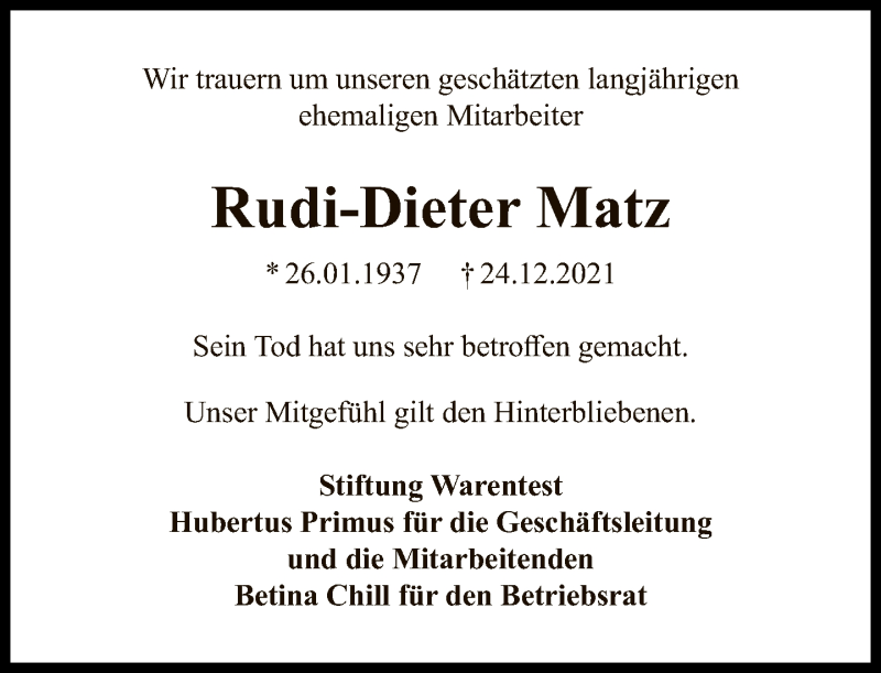  Traueranzeige für Rudi-Dieter Matz vom 09.01.2022 aus Tagesspiegel