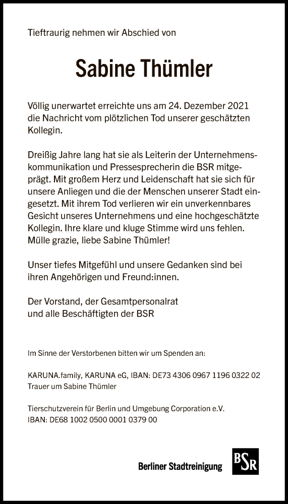  Traueranzeige für Sabine Thümler vom 02.01.2022 aus Tagesspiegel
