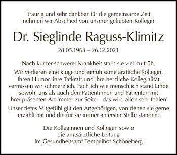 Traueranzeige von Sieglinde Raguss-Klimitz von Tagesspiegel