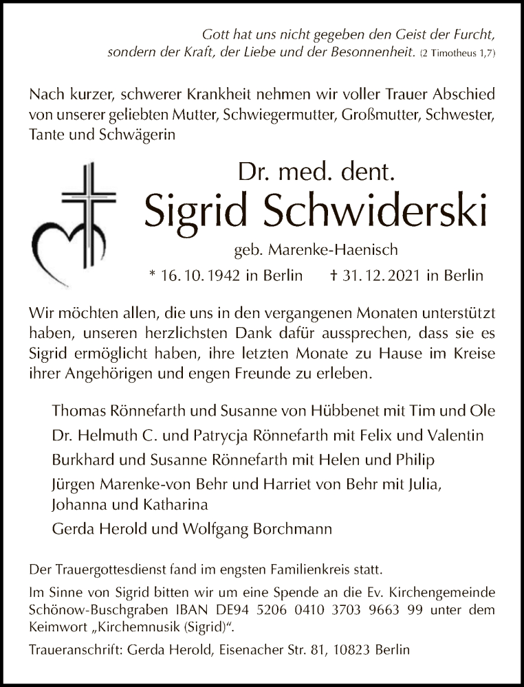  Traueranzeige für Sigrid Schwiderski vom 16.01.2022 aus Tagesspiegel