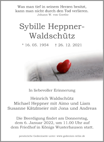 Traueranzeige von Sybille Heppner-Waldschütz von Tagesspiegel